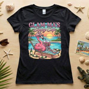 Glamorous "Glam - Ma's Sippy Cup" Flamingo T-Shirt - Funny Tropical Vacation Gift - FlamingoAholic