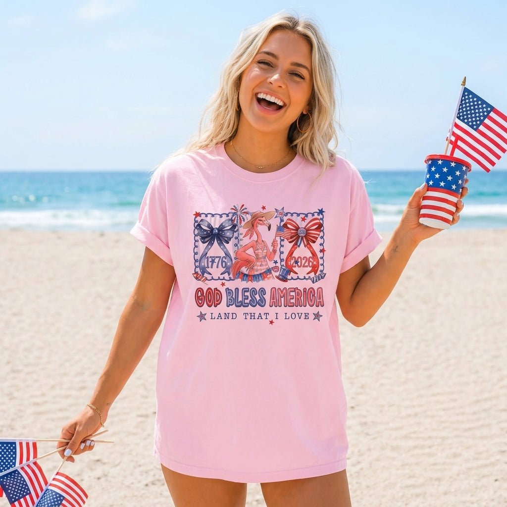 God Bless America Land That I Love Flamingo July 4th Shirt - FlamingoAholic