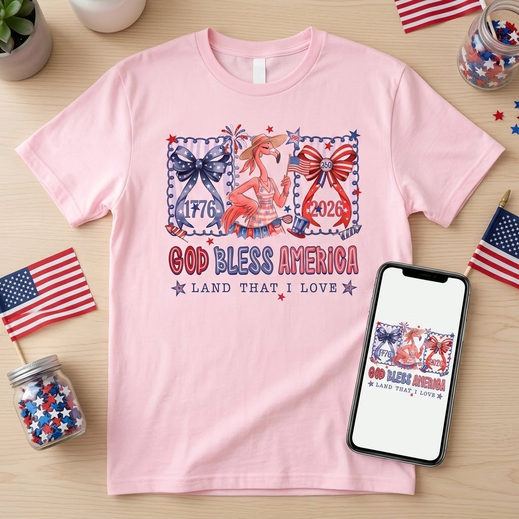 God Bless America Land That I Love Flamingo July 4th Shirt - FlamingoAholic
