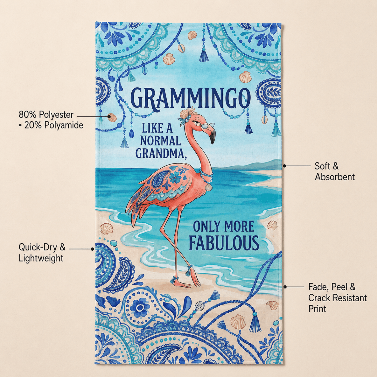 Grammingo Flamingo Beach Towel for Grandma, Funny Grandma Beach Towel, Coastal Flamingo Gift for Grandma, Quick Dry Pool Towel - FlamingoAholic