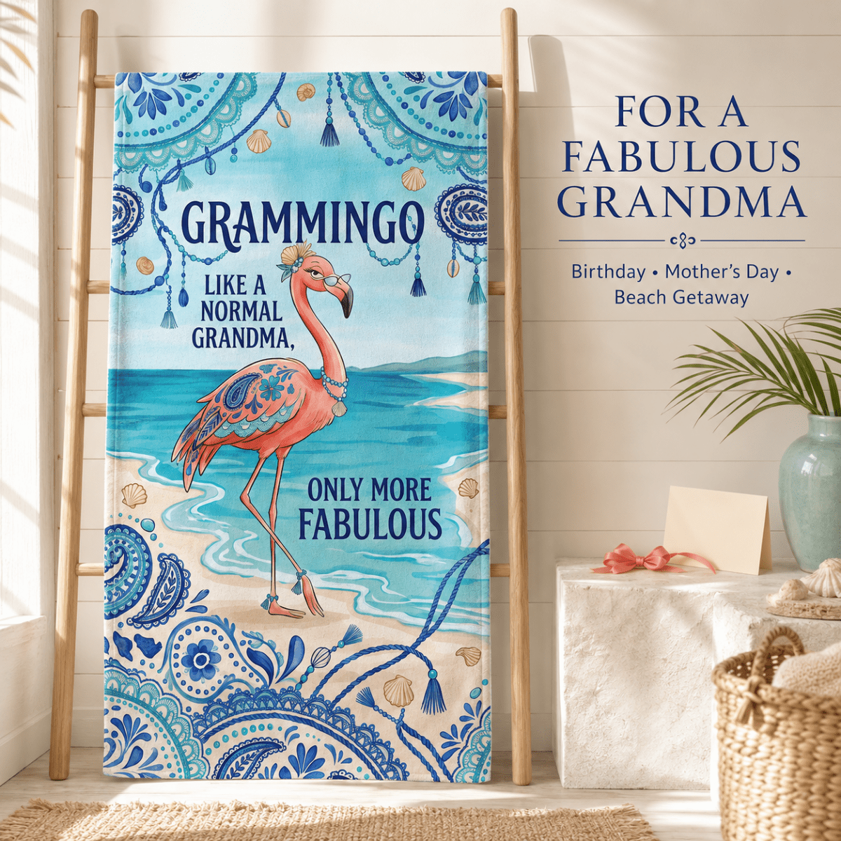 Grammingo Flamingo Beach Towel for Grandma, Funny Grandma Beach Towel, Coastal Flamingo Gift for Grandma, Quick Dry Pool Towel - FlamingoAholic