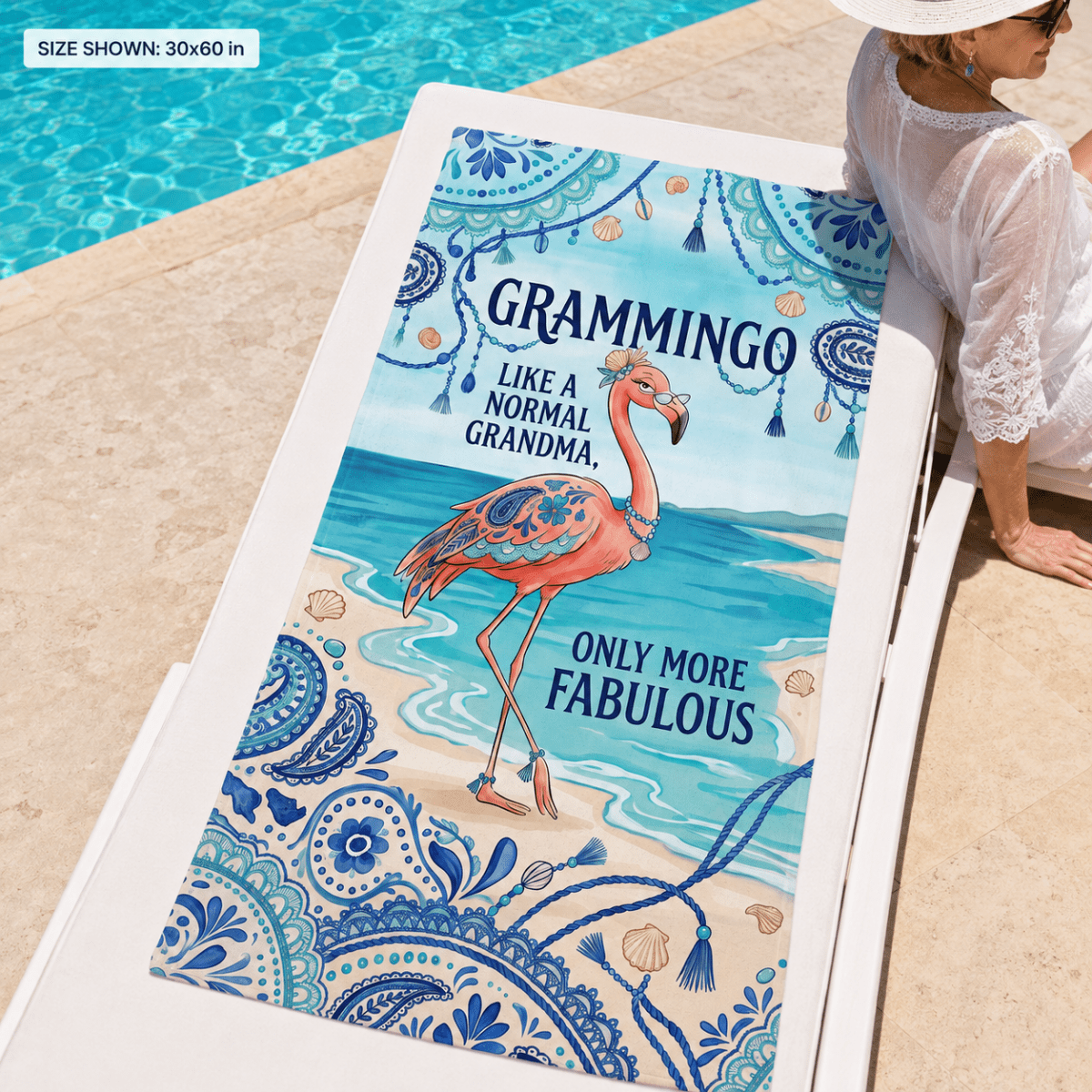 Grammingo Flamingo Beach Towel for Grandma, Funny Grandma Beach Towel, Coastal Flamingo Gift for Grandma, Quick Dry Pool Towel - FlamingoAholic