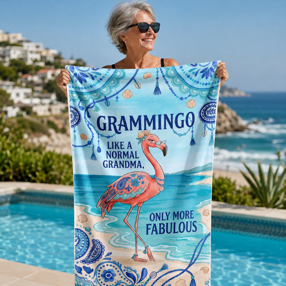 Grammingo Flamingo Beach Towel for Grandma, Funny Grandma Beach Towel, Coastal Flamingo Gift for Grandma, Quick Dry Pool Towel - FlamingoAholic