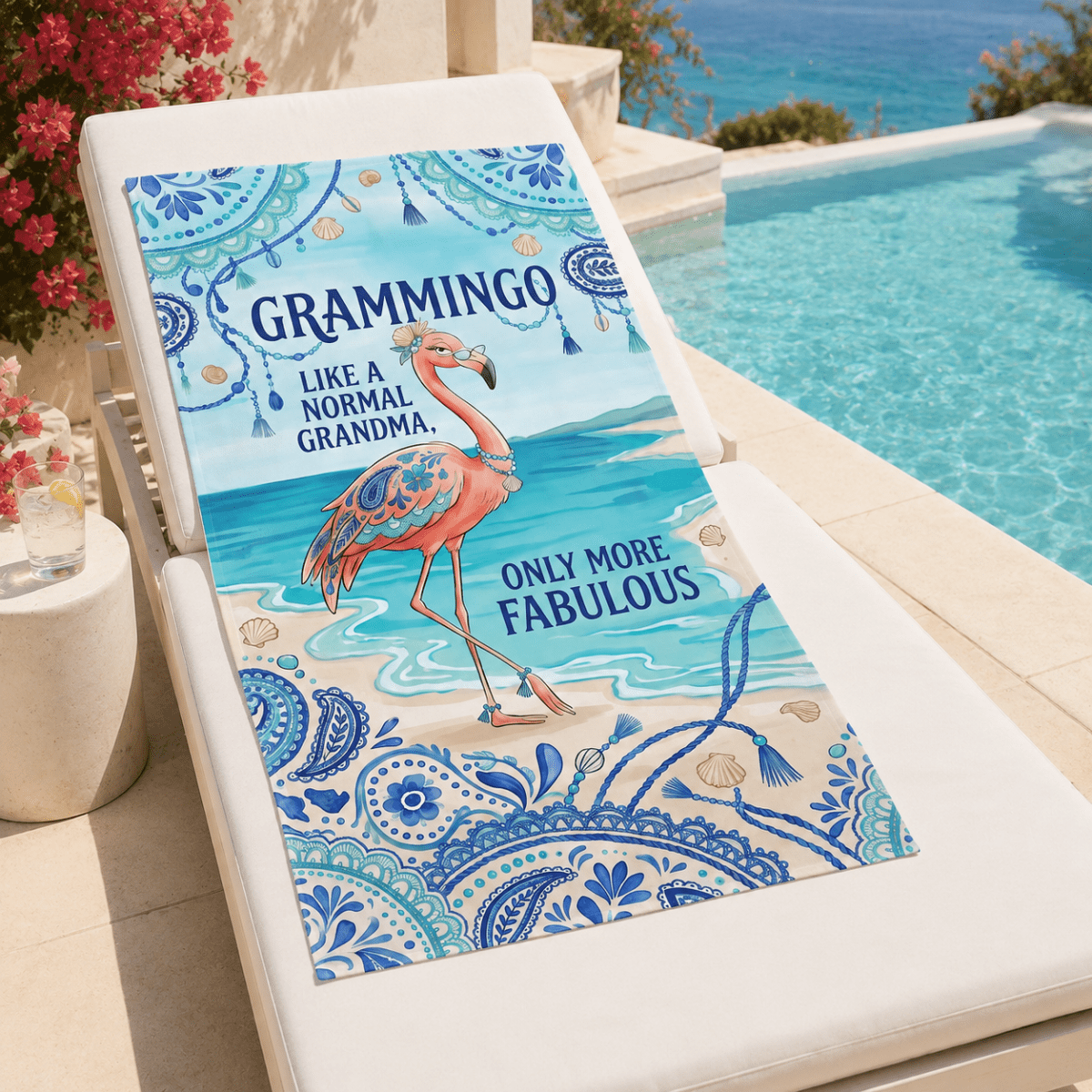 Grammingo Flamingo Beach Towel for Grandma, Funny Grandma Beach Towel, Coastal Flamingo Gift for Grandma, Quick Dry Pool Towel - FlamingoAholic