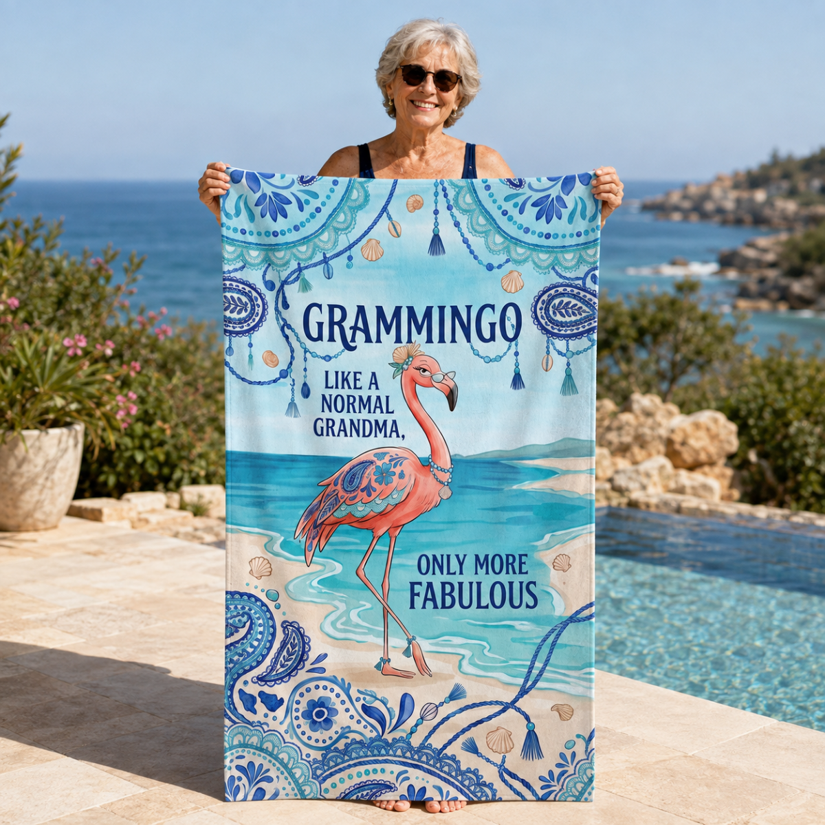 Grammingo Flamingo Beach Towel for Grandma, Funny Grandma Beach Towel, Coastal Flamingo Gift for Grandma, Quick Dry Pool Towel - FlamingoAholic