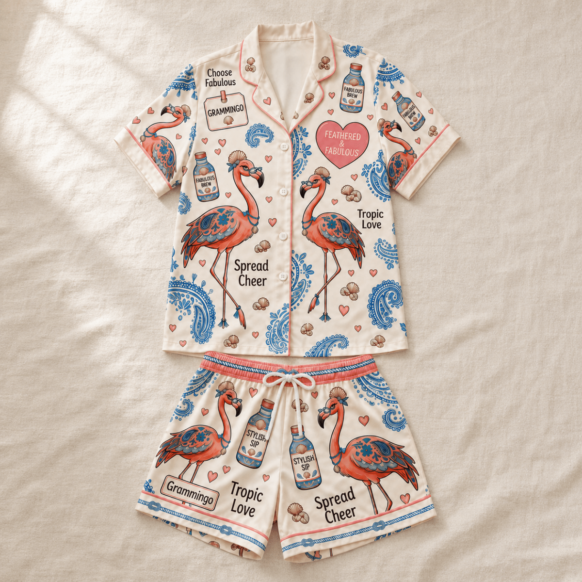 Grammingo Flamingo Satin Pajama Set for Women, Funny Grandma Short Sleeve PJs, Fabulous Grandma Gift - FlamingoAholic