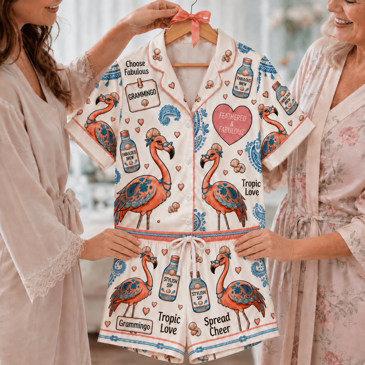 Grammingo Flamingo Satin Pajama Set for Women, Funny Grandma Short Sleeve PJs, Fabulous Grandma Gift - FlamingoAholic