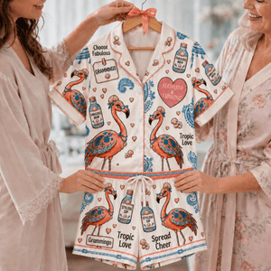 Grammingo Flamingo Satin Pajama Set for Women, Funny Grandma Short Sleeve PJs, Fabulous Grandma Gift - FlamingoAholic