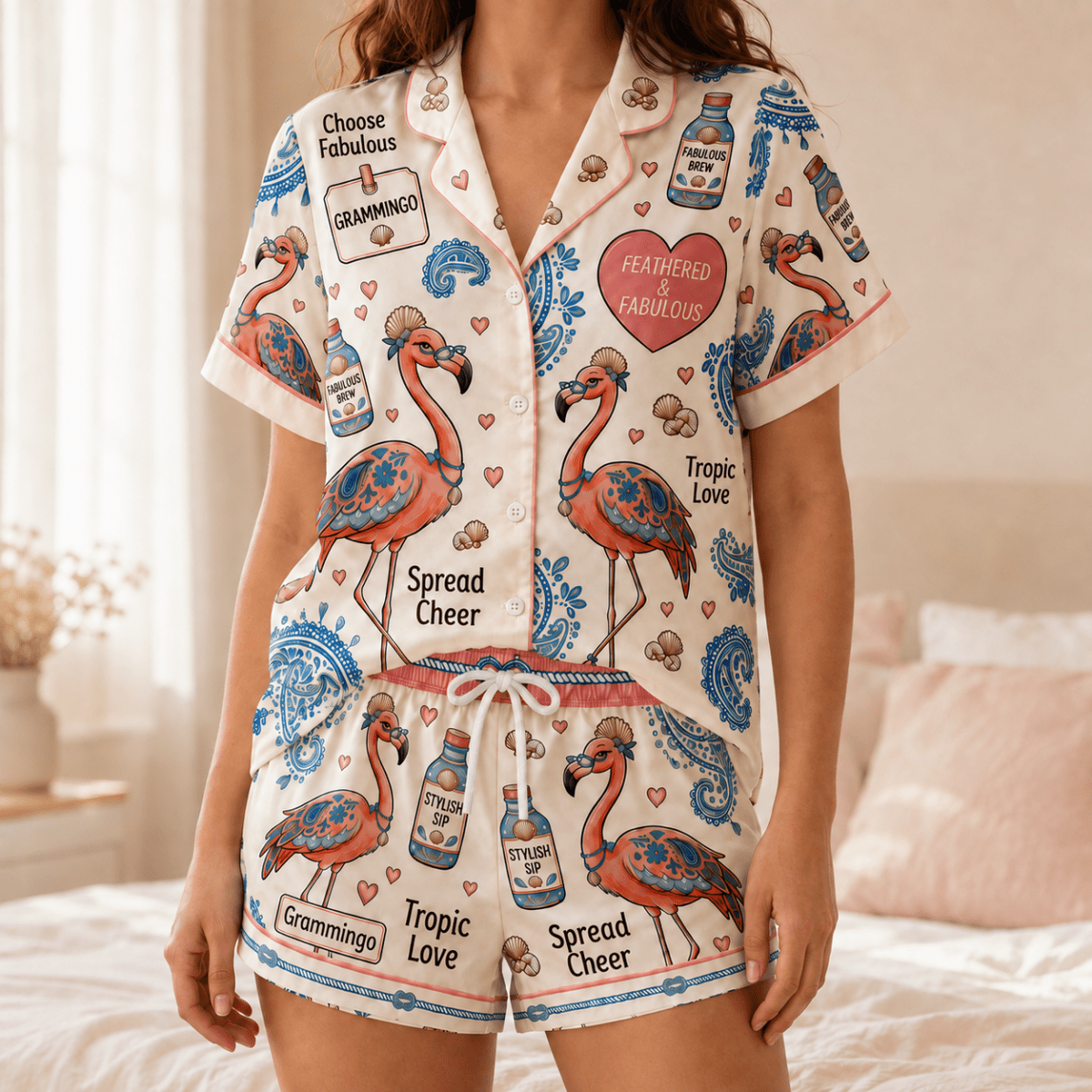 Grammingo Flamingo Satin Pajama Set for Women, Funny Grandma Short Sleeve PJs, Fabulous Grandma Gift - FlamingoAholic