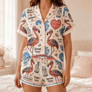 Grammingo Flamingo Satin Pajama Set for Women, Funny Grandma Short Sleeve PJs, Fabulous Grandma Gift - FlamingoAholic