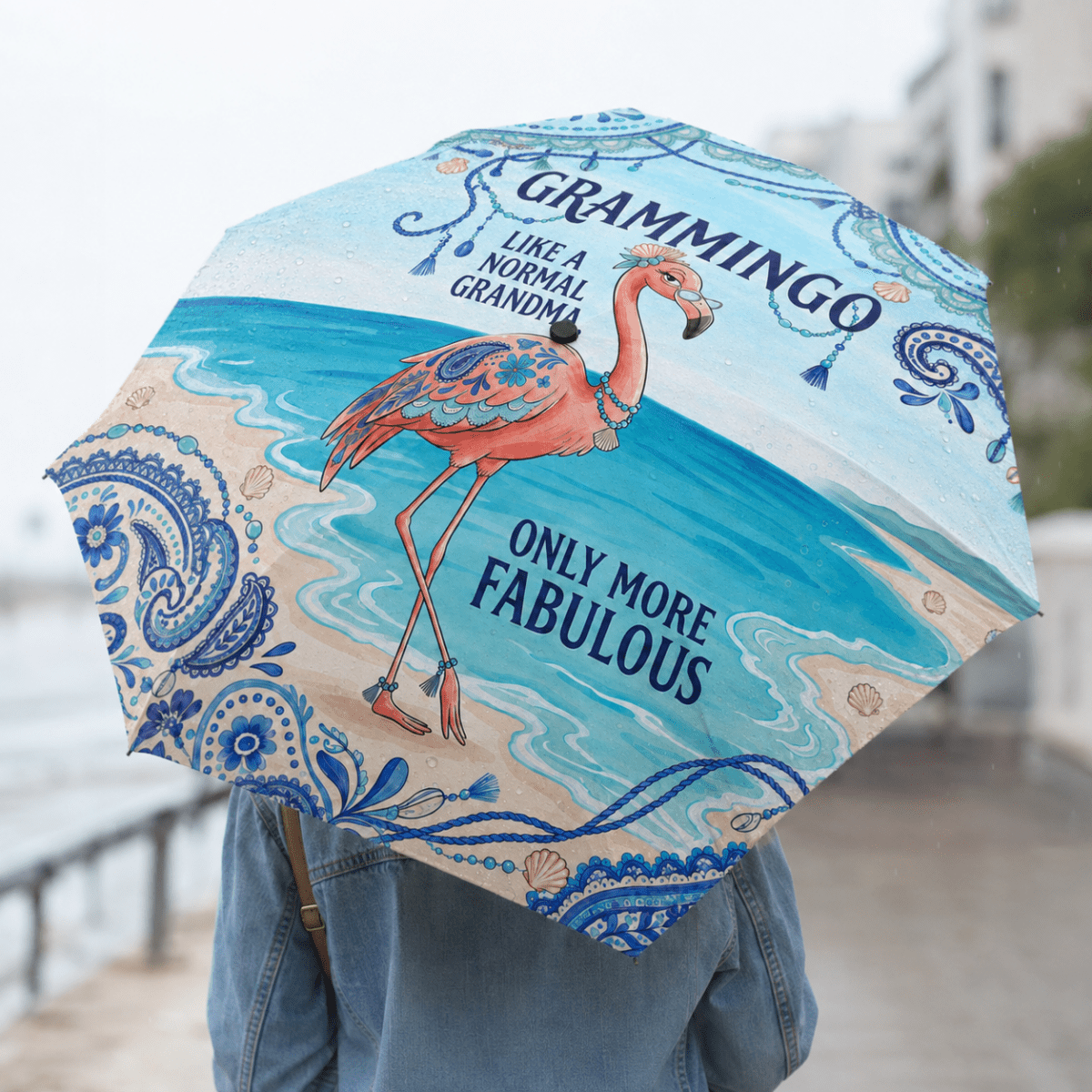 Grammingo Flamingo Umbrella for Grandma, Funny Flamingo Beach Umbrella, Coastal Gift for Grandma, Waterproof Travel Umbrella - FlamingoAholic