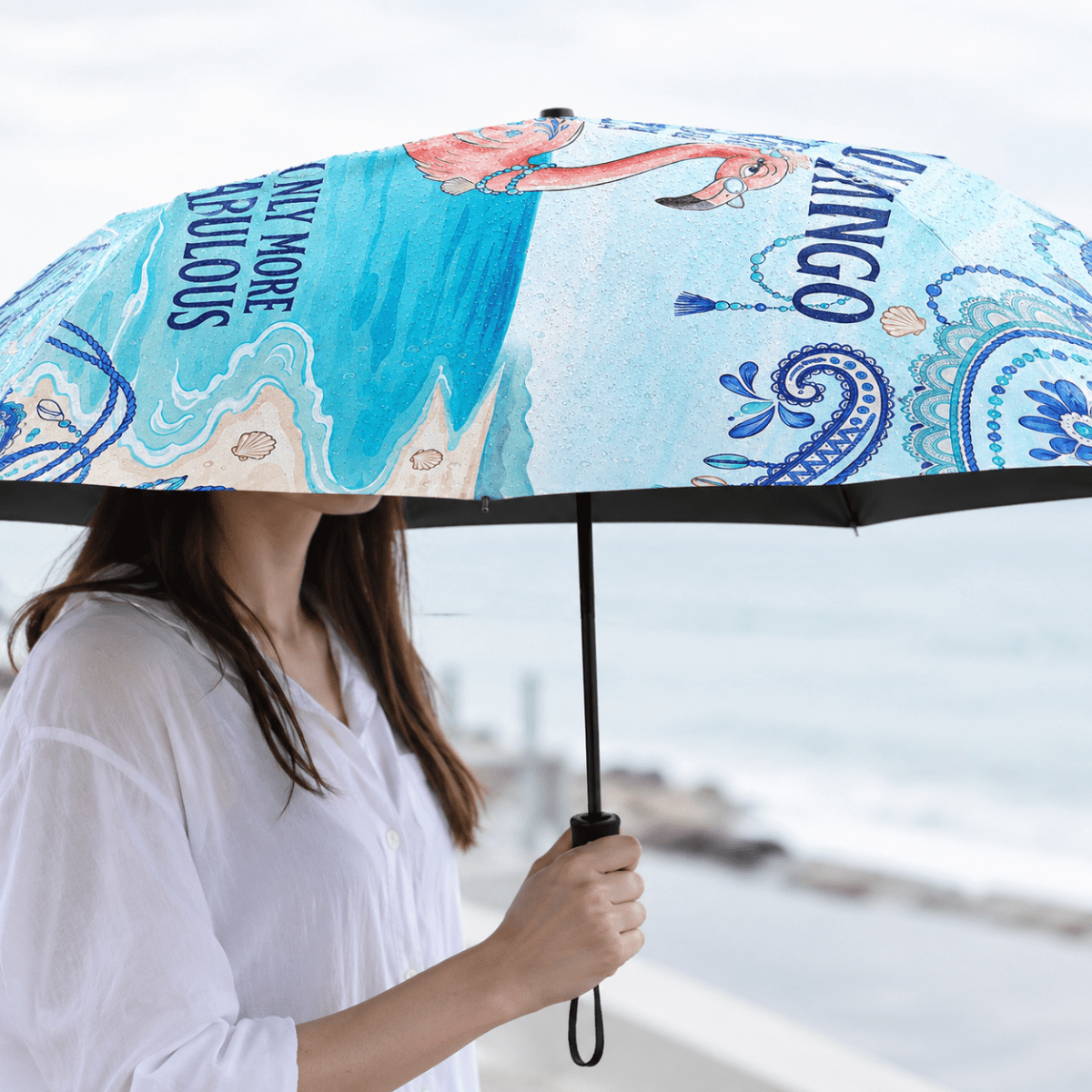 Grammingo Flamingo Umbrella for Grandma, Funny Flamingo Beach Umbrella, Coastal Gift for Grandma, Waterproof Travel Umbrella - FlamingoAholic