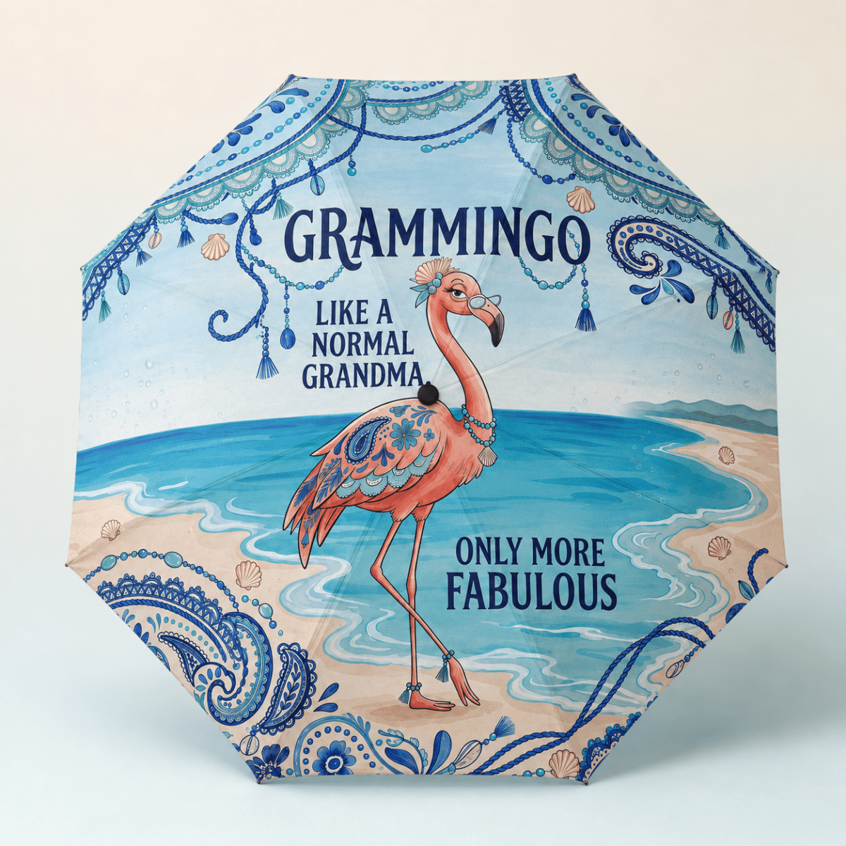 Grammingo Flamingo Umbrella for Grandma, Funny Flamingo Beach Umbrella, Coastal Gift for Grandma, Waterproof Travel Umbrella - FlamingoAholic