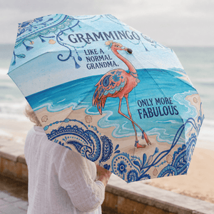 Grammingo Flamingo Umbrella for Grandma, Funny Flamingo Beach Umbrella, Coastal Gift for Grandma, Waterproof Travel Umbrella - FlamingoAholic