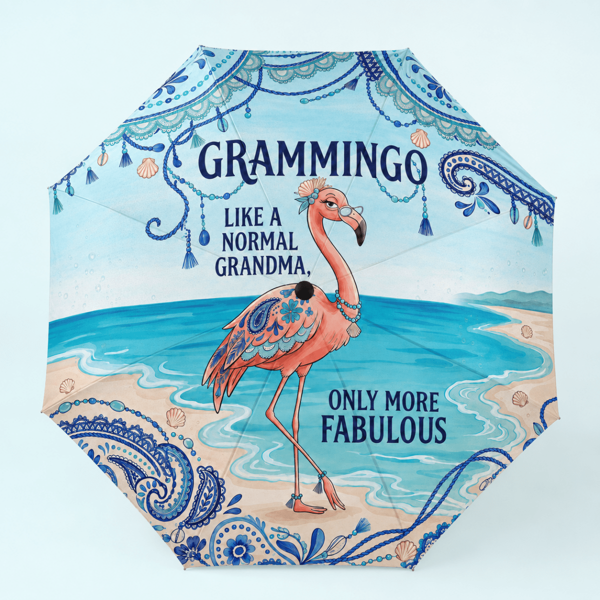 Grammingo Flamingo Umbrella for Grandma, Funny Flamingo Beach Umbrella, Coastal Gift for Grandma, Waterproof Travel Umbrella - FlamingoAholic