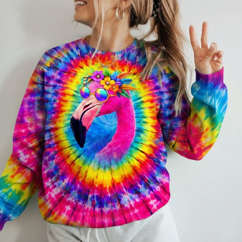 Groovy Hippie Flamingo Tie - Dye Sweatshirt - Vibrant All - Over Print Comfort - FlamingoAholic