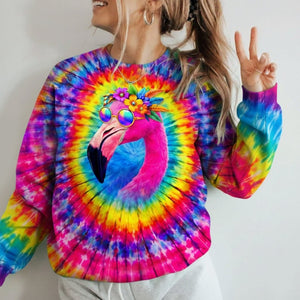 Groovy Hippie Flamingo Tie - Dye Sweatshirt - Vibrant All - Over Print Comfort - FlamingoAholic