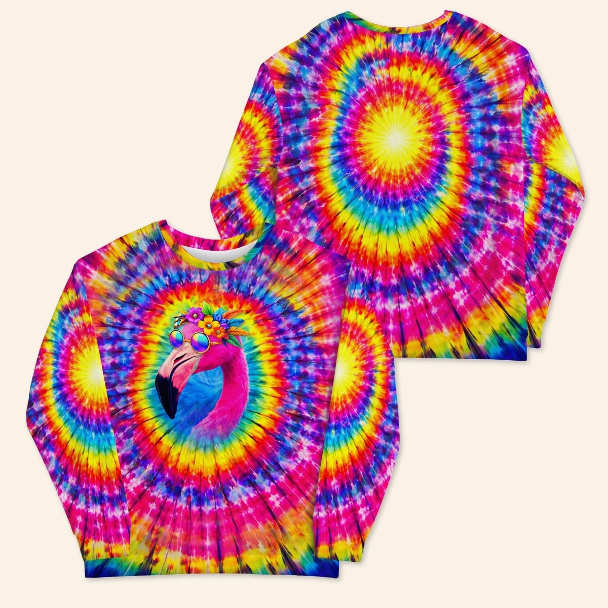 Groovy Hippie Flamingo Tie - Dye Sweatshirt - Vibrant All - Over Print Comfort - FlamingoAholic