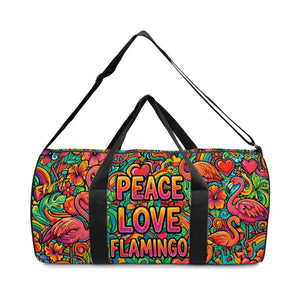 Groovy 'Peace Love Flamingo' Personalized Duffle Bag - Weekender Travel Gift for Her - FlamingoAholic
