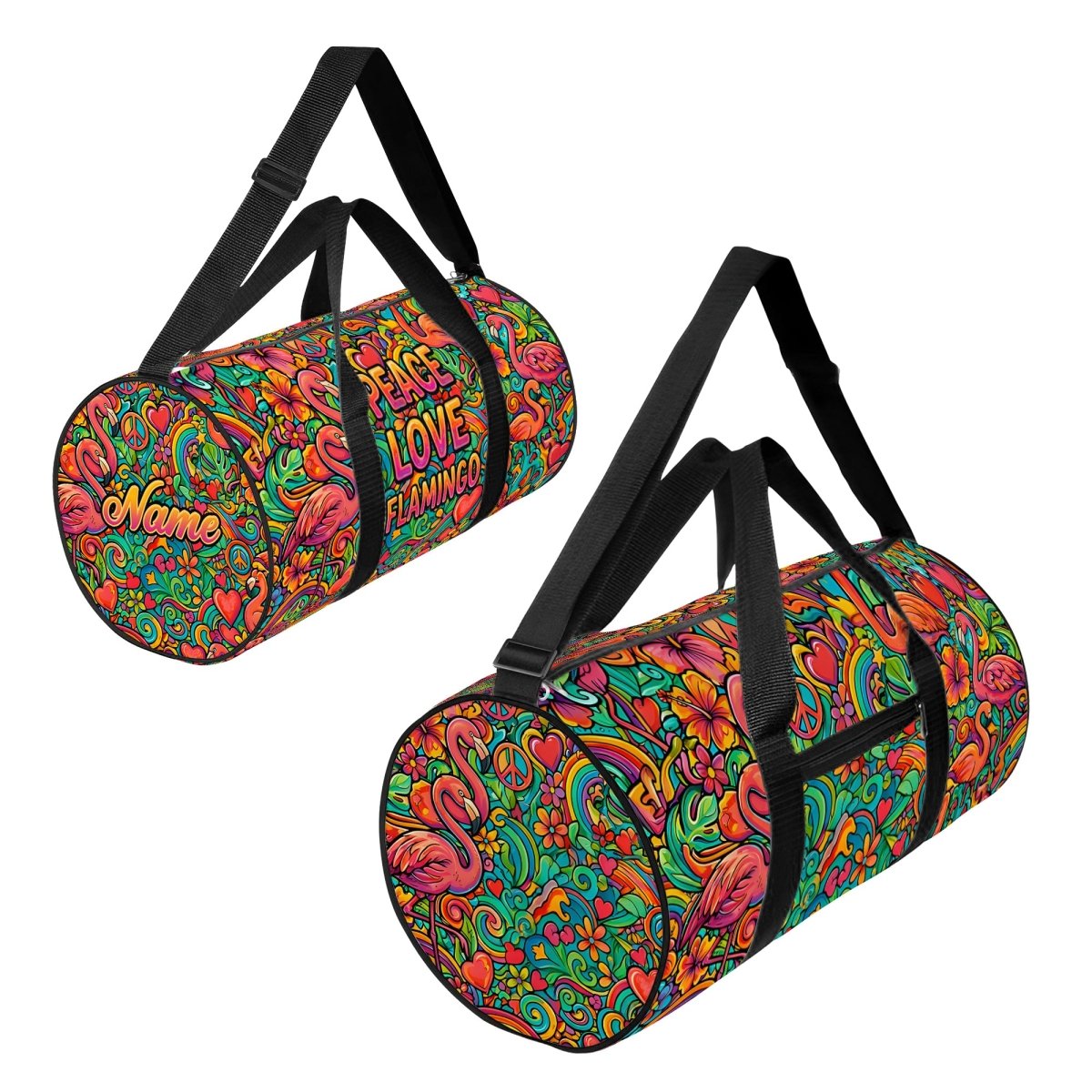 Groovy 'Peace Love Flamingo' Personalized Duffle Bag - Weekender Travel Gift for Her - FlamingoAholic