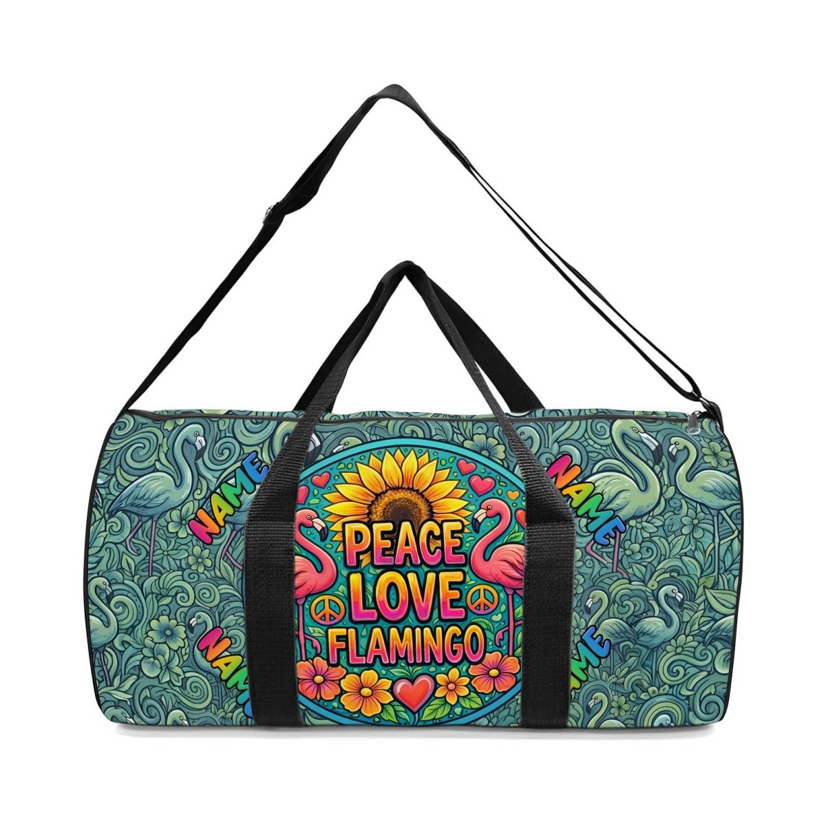 Groovy Personalized Peace Love Flamingo Duffle Bag - Custom Name Weekender Travel - FlamingoAholic