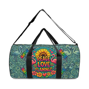 Groovy Personalized Peace Love Flamingo Duffle Bag - Custom Name Weekender Travel - FlamingoAholic