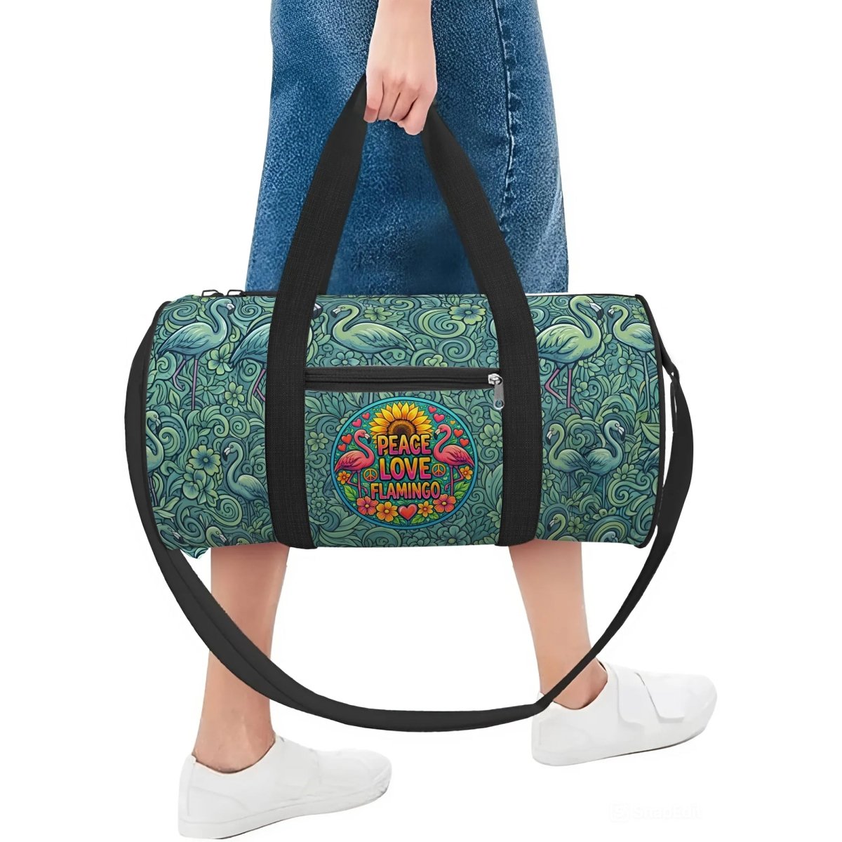 Groovy Personalized Peace Love Flamingo Duffle Bag - Custom Name Weekender Travel - FlamingoAholic
