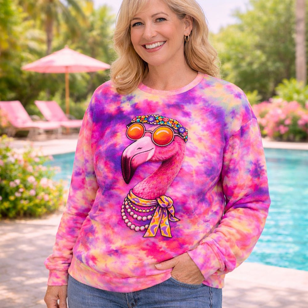 Groovy Tie - Dye Hippie Flamingo AOP Sweatshirt & Tee - Ultimate Comfort Apparel - FlamingoAholic
