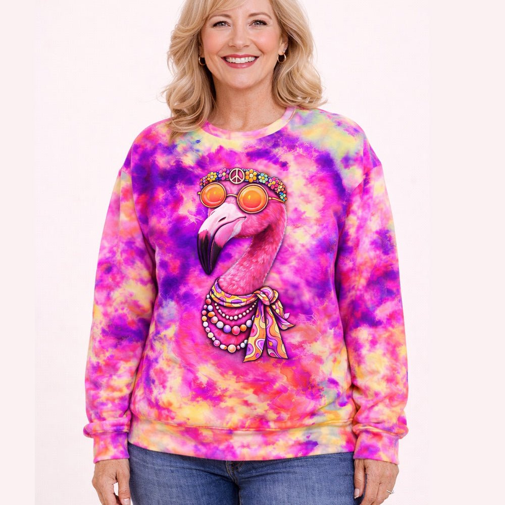 Groovy Tie - Dye Hippie Flamingo AOP Sweatshirt & Tee - Ultimate Comfort Apparel - FlamingoAholic