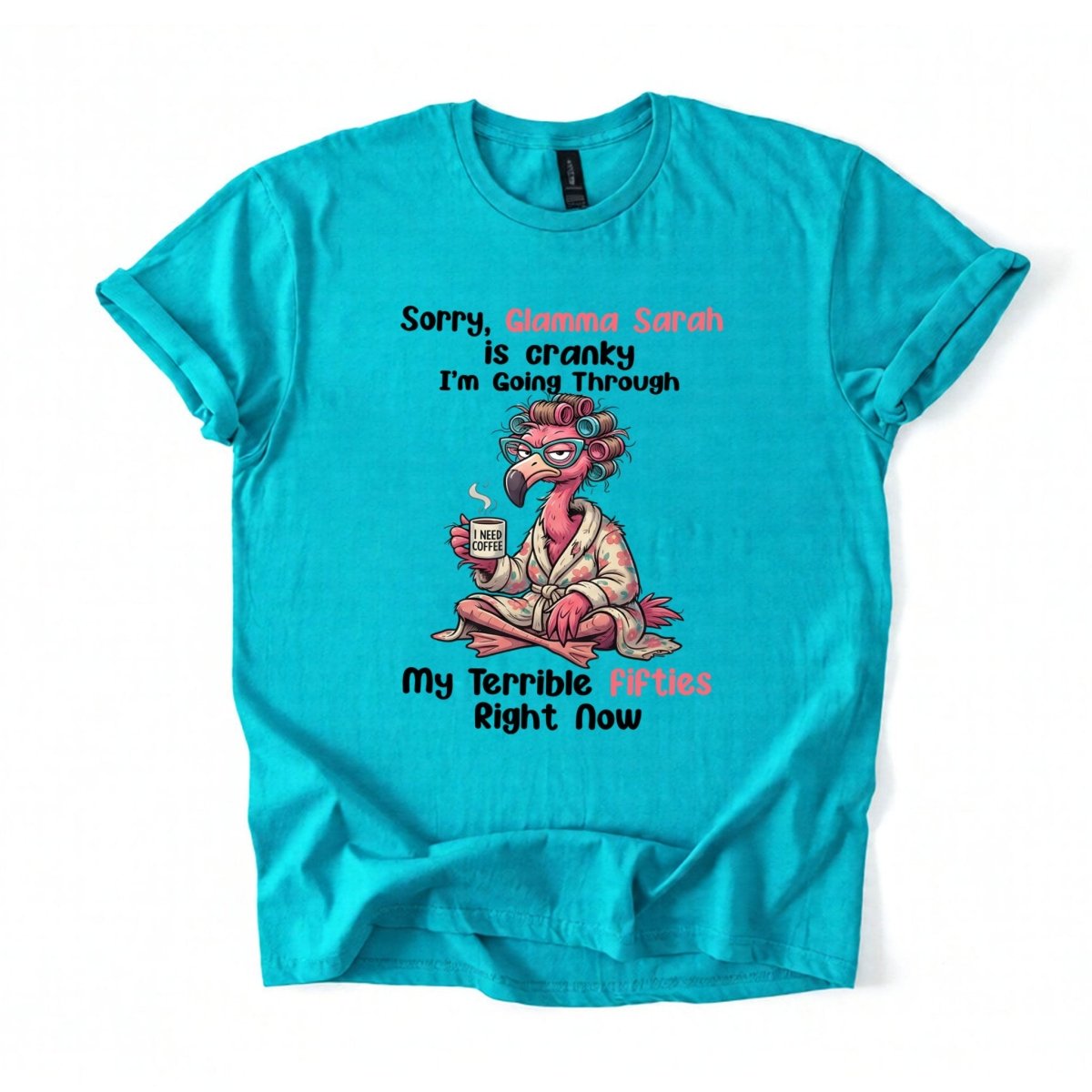 Grumpy Personalized Flamingo Shirt for Women Over 50 - Custom Glamma Fifties Coffee Tee - FlamingoAholic