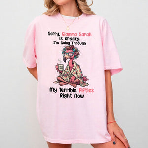 Grumpy Personalized Flamingo Shirt for Women Over 50 - Custom Glamma Fifties Coffee Tee - FlamingoAholic