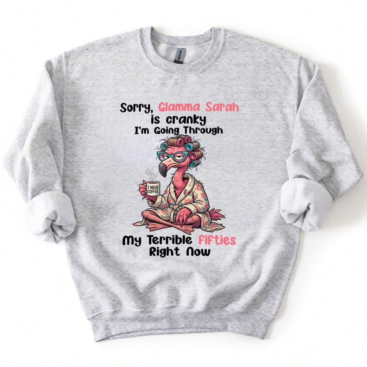 Grumpy Personalized Flamingo Shirt for Women Over 50 - Custom Glamma Fifties Coffee Tee - FlamingoAholic