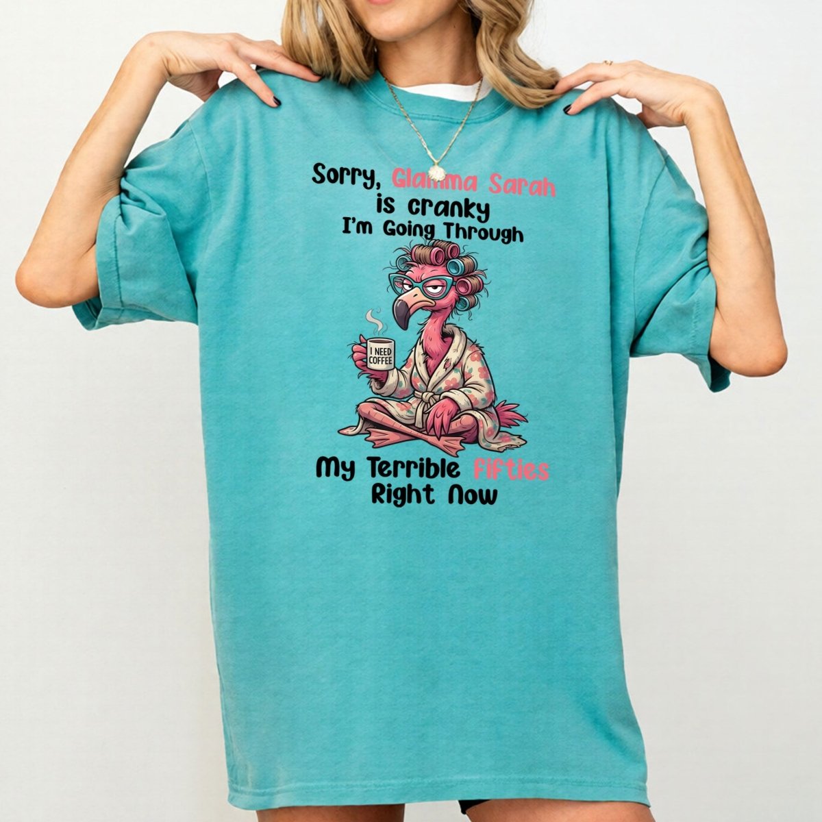 Grumpy Personalized Flamingo Shirt for Women Over 50 - Custom Glamma Fifties Coffee Tee - FlamingoAholic