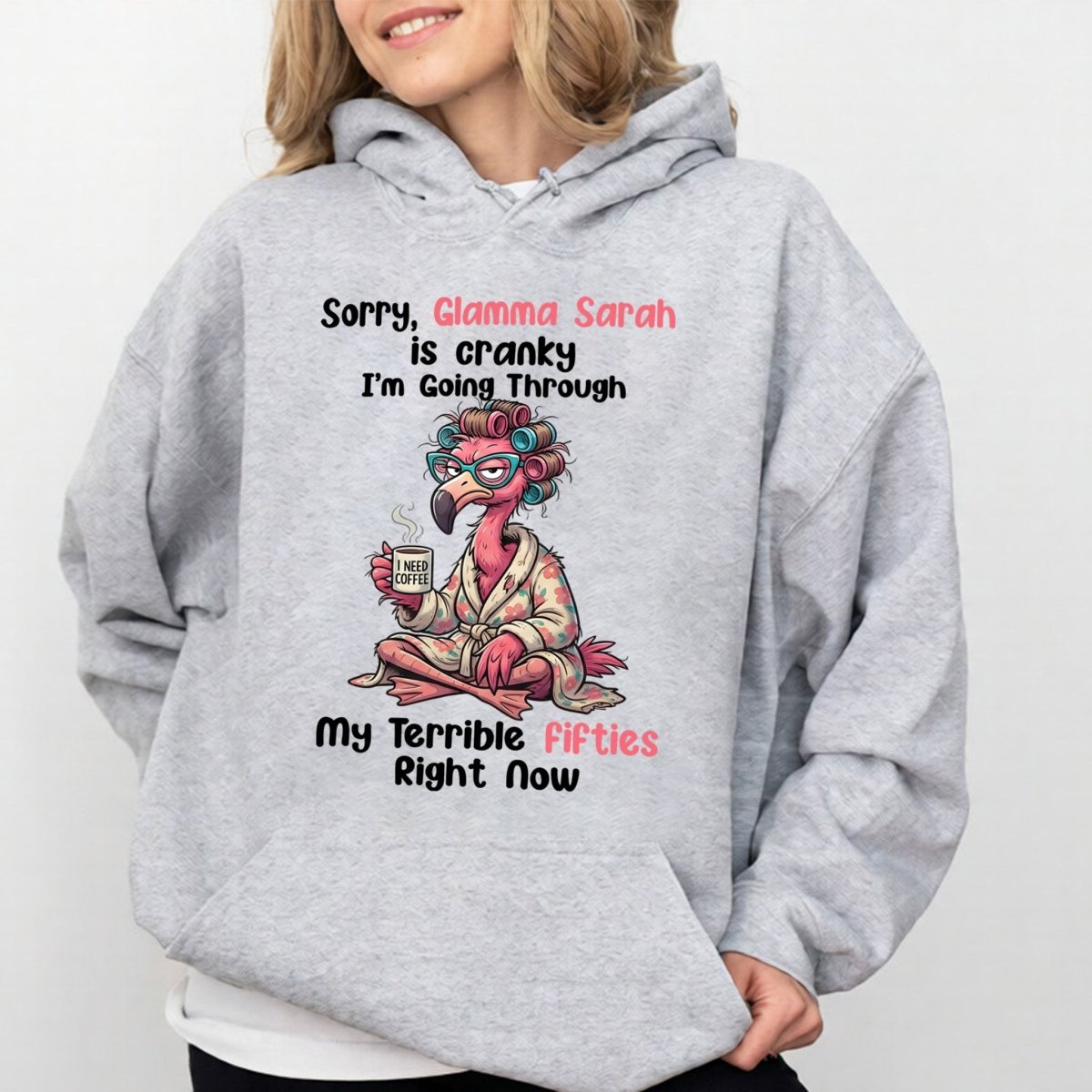 Grumpy Personalized Flamingo Shirt for Women Over 50 - Custom Glamma Fifties Coffee Tee - FlamingoAholic