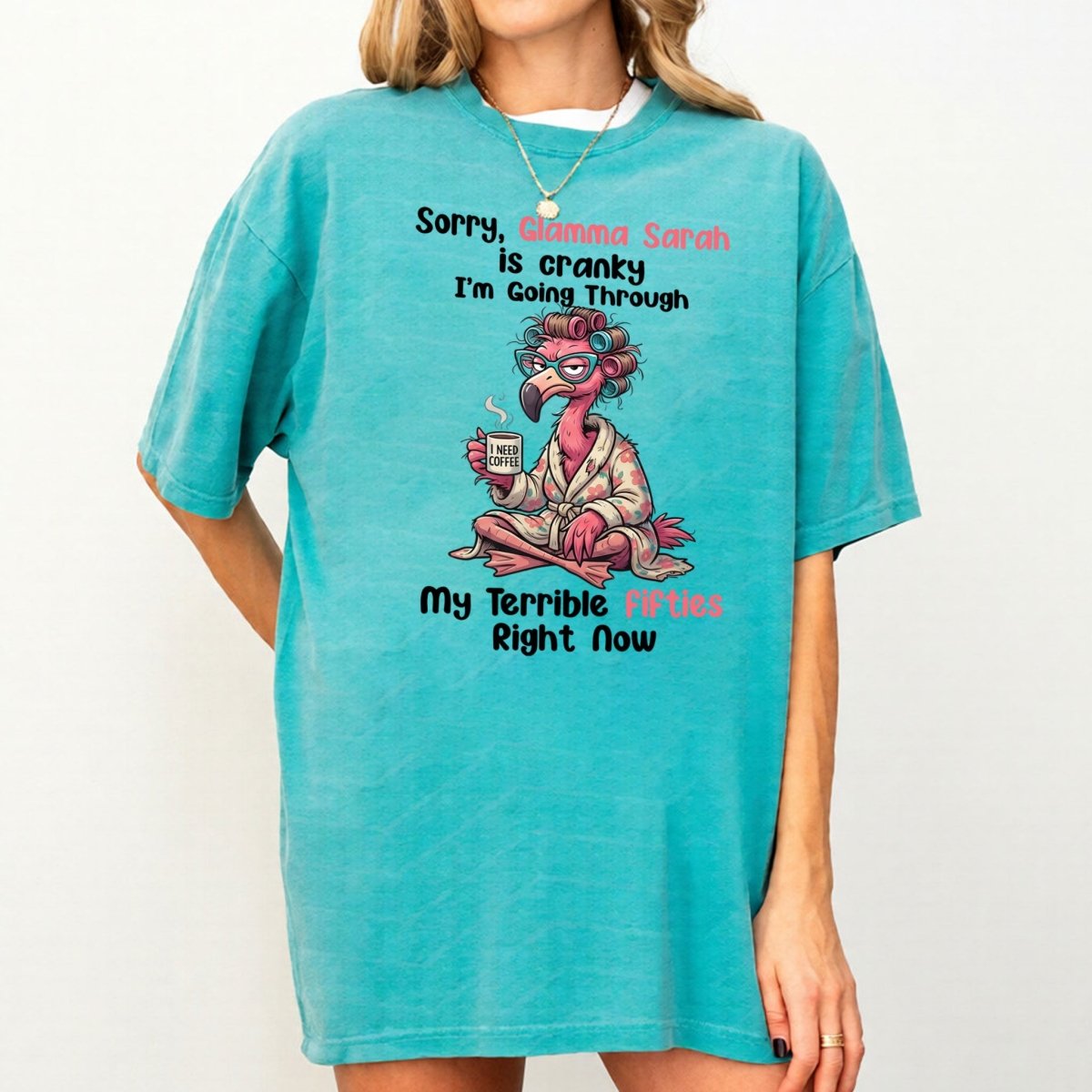 Grumpy Personalized Flamingo Shirt for Women Over 50 - Custom Glamma Fifties Coffee Tee - FlamingoAholic