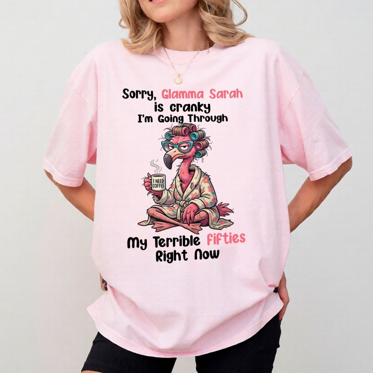 Grumpy Personalized Flamingo Shirt for Women Over 50 - Custom Glamma Fifties Coffee Tee - FlamingoAholic