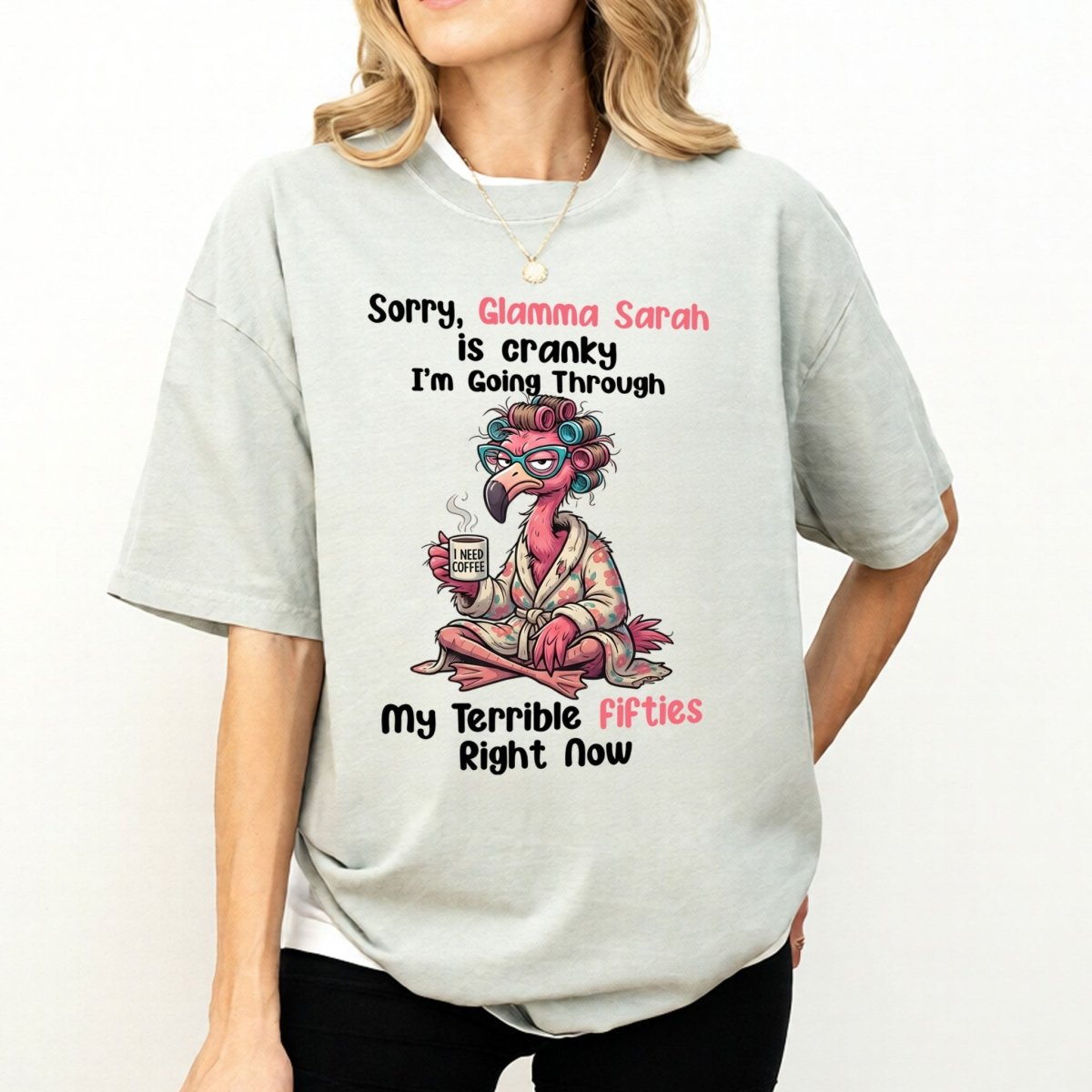 Grumpy Personalized Flamingo Shirt for Women Over 50 - Custom Glamma Fifties Coffee Tee - FlamingoAholic