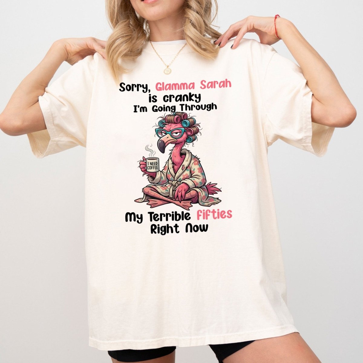 Grumpy Personalized Flamingo Shirt for Women Over 50 - Custom Glamma Fifties Coffee Tee - FlamingoAholic