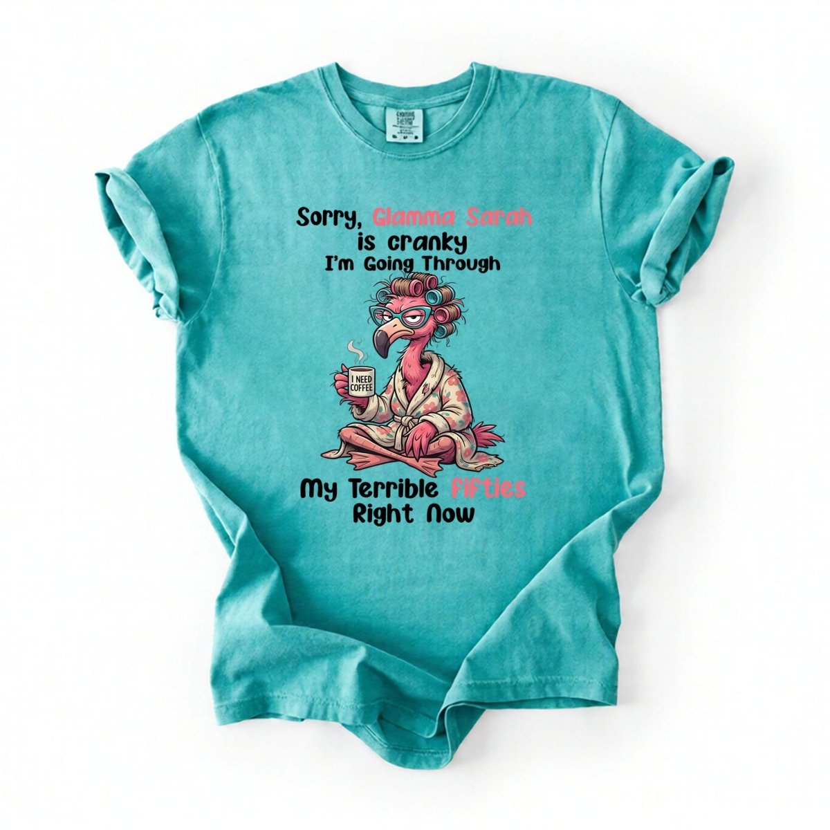 Grumpy Personalized Flamingo Shirt for Women Over 50 - Custom Glamma Fifties Coffee Tee - FlamingoAholic