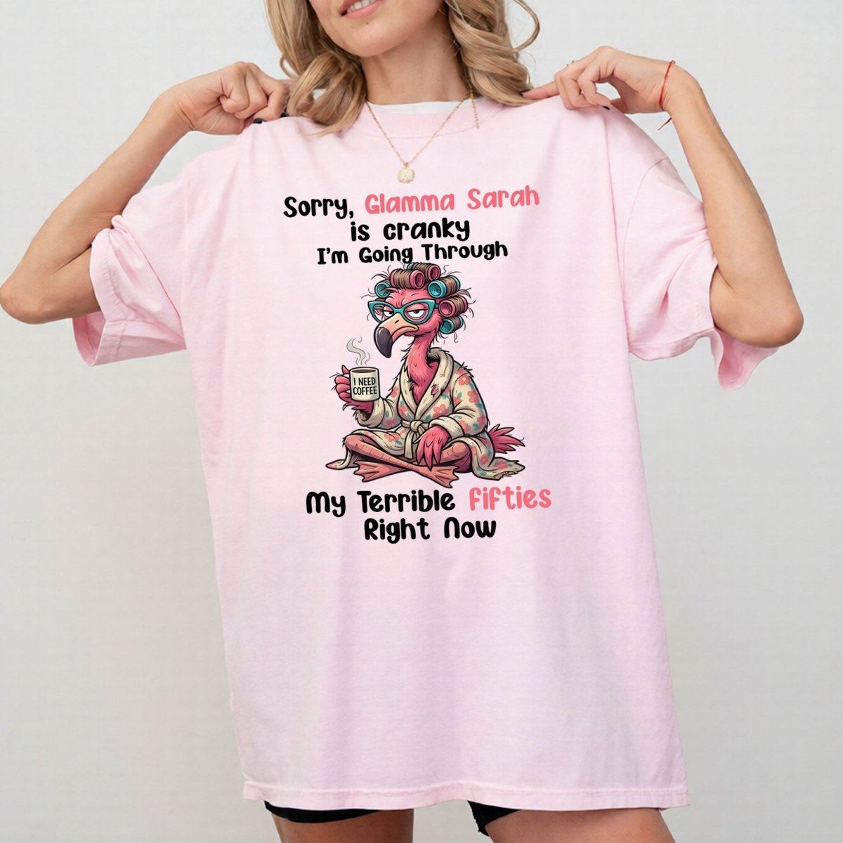 Grumpy Personalized Flamingo Shirt for Women Over 50 - Custom Glamma Fifties Coffee Tee - FlamingoAholic