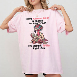 Grumpy Personalized Flamingo Shirt for Women Over 50 - Custom Glamma Fifties Coffee Tee - FlamingoAholic