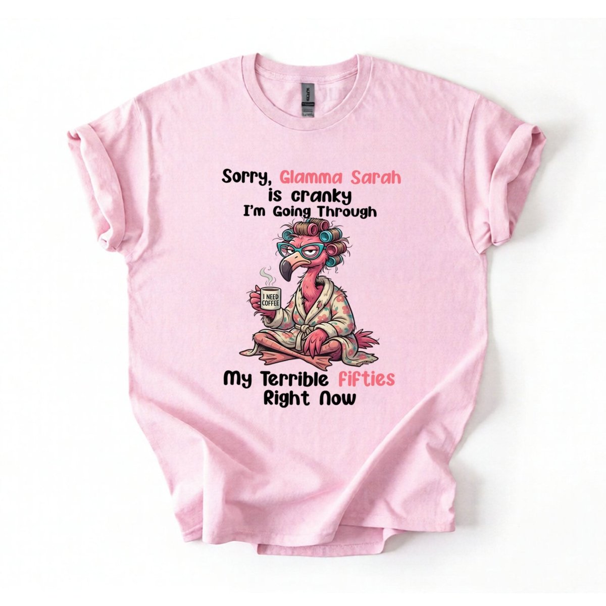 Grumpy Personalized Flamingo Shirt for Women Over 50 - Custom Glamma Fifties Coffee Tee - FlamingoAholic