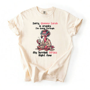 Grumpy Personalized Flamingo Shirt for Women Over 50 - Custom Glamma Fifties Coffee Tee - FlamingoAholic