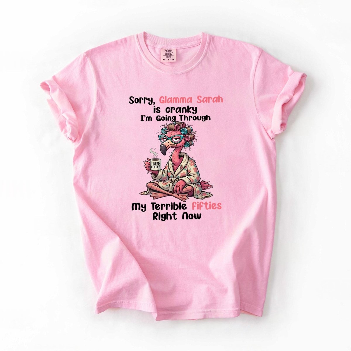 Grumpy Personalized Flamingo Shirt for Women Over 50 - Custom Glamma Fifties Coffee Tee - FlamingoAholic