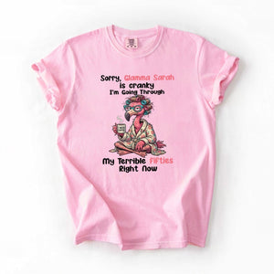 Grumpy Personalized Flamingo Shirt for Women Over 50 - Custom Glamma Fifties Coffee Tee - FlamingoAholic