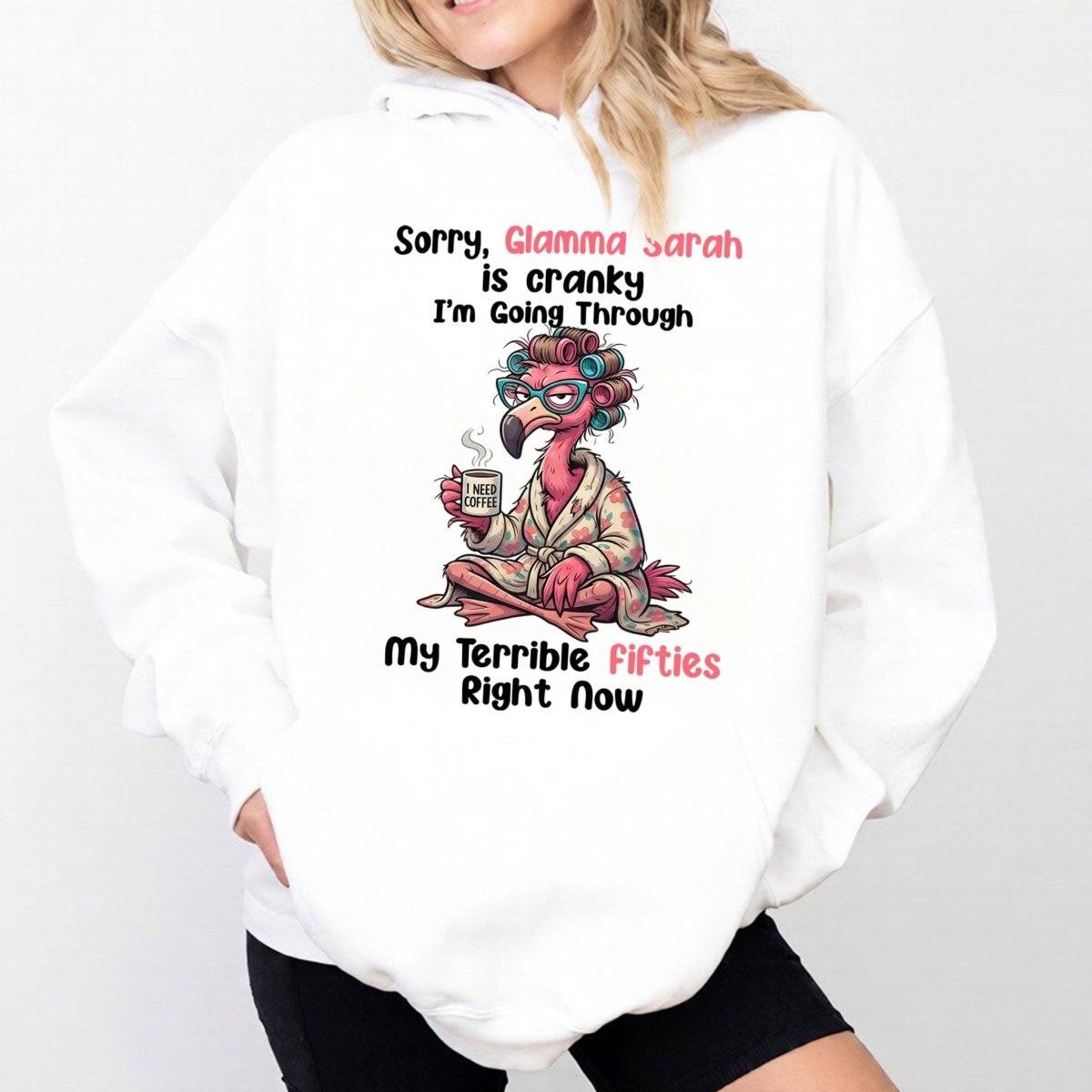 Grumpy Personalized Flamingo Shirt for Women Over 50 - Custom Glamma Fifties Coffee Tee - FlamingoAholic