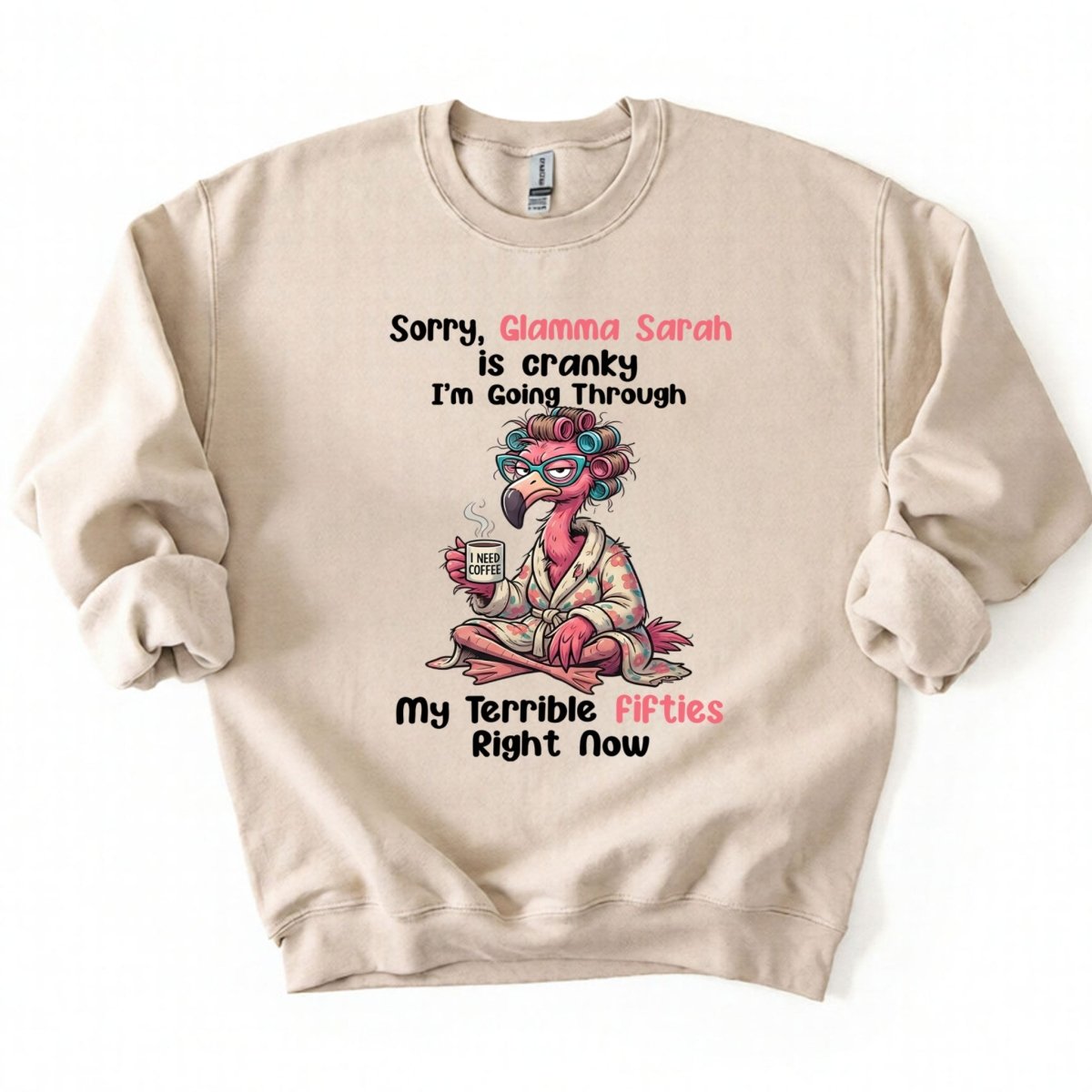 Grumpy Personalized Flamingo Shirt for Women Over 50 - Custom Glamma Fifties Coffee Tee - FlamingoAholic