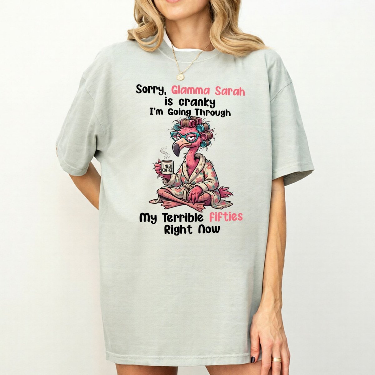 Grumpy Personalized Flamingo Shirt for Women Over 50 - Custom Glamma Fifties Coffee Tee - FlamingoAholic