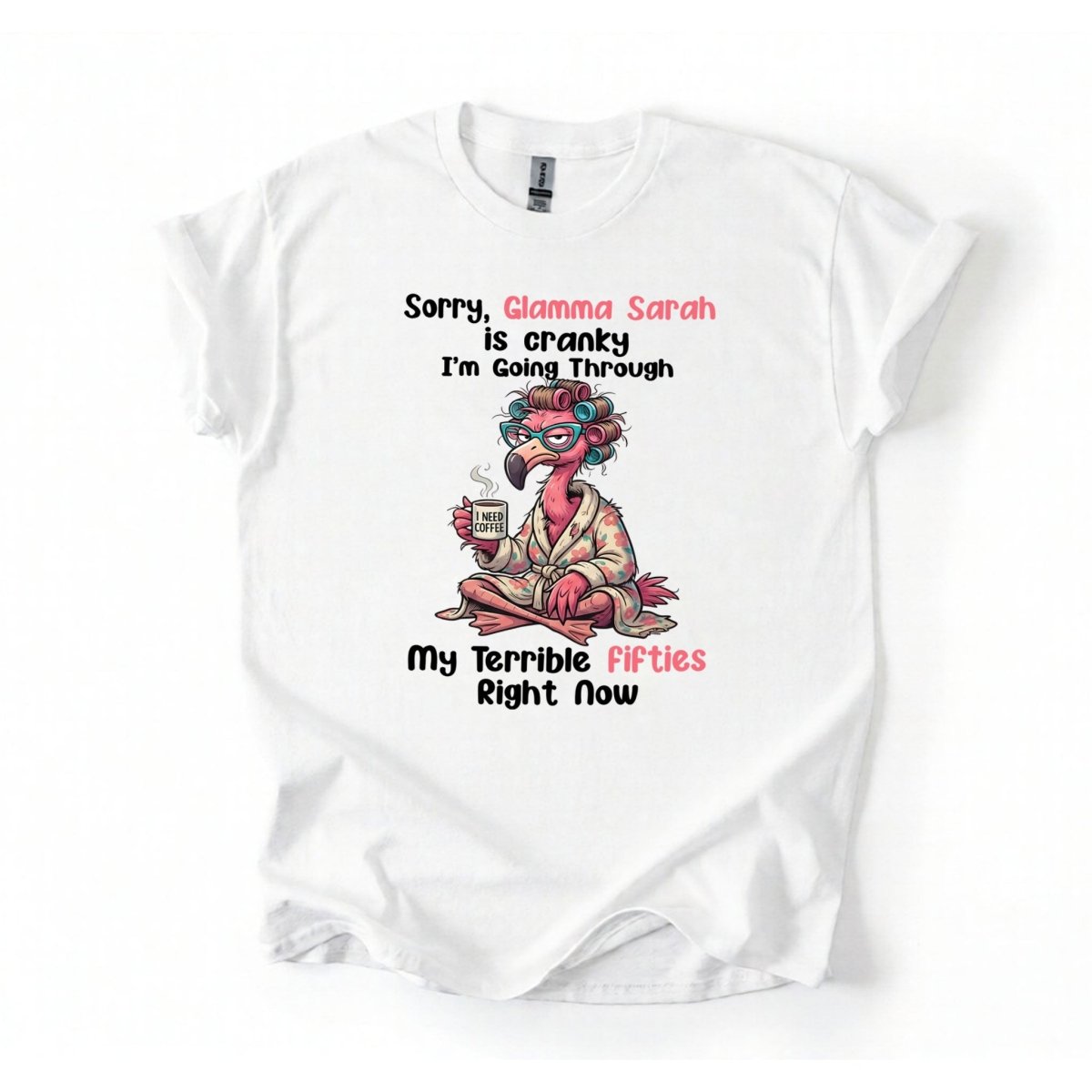 Grumpy Personalized Flamingo Shirt for Women Over 50 - Custom Glamma Fifties Coffee Tee - FlamingoAholic