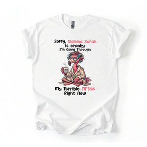 Grumpy Personalized Flamingo Shirt for Women Over 50 - Custom Glamma Fifties Coffee Tee - FlamingoAholic